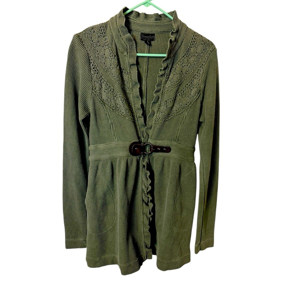 Tough Luv Waffle Knit Cardigan S Olive Green Cottagecore Sgt Pepper jacket - Picture 4 of 8